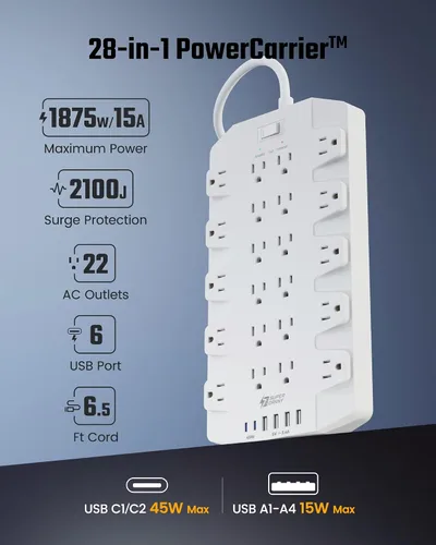 Vista 2 de Protector de sobretensiones de regleta de alimentación de 45 W con PD USB-C, SUPERDANNY 1875W/15A, 2100J, cable de extensión de montaje de enchufe