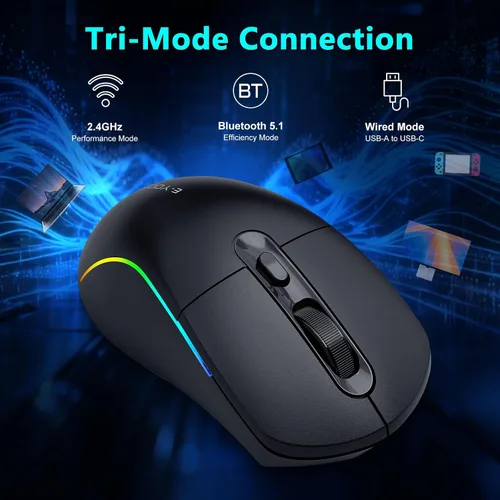 Vista 3 de E-YOOSO Mouse inalámbrico para juegos, 10,000 DPI, trimodo de 2.4 GHz/Bluetooth/USB-C con cable, retroiluminación RGB, 6 botones programables, mouse