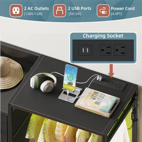 Vista 6 de HIGDBFE Cómoda con estante para colgar, cómoda de 8 cajones para dormitorio con estación de carga y luces LED, cómoda de tela con zapatero, cómoda