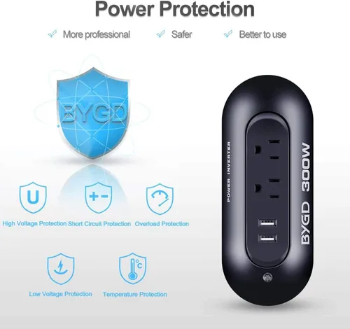 Vista 4 de Inversor de corriente para automóvil de 300 W, convertidor de CC de 12 V a 110 V CA, dos salidas de CA y puertos de carga rápida USB duales de 2.4