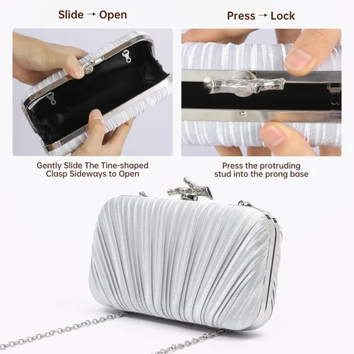 Vista 6 de Bolsos para mujer, bolso de noche, bolsos formales con pliegues para mujer con cadena para graduación, boda, fiesta de etiqueta negra