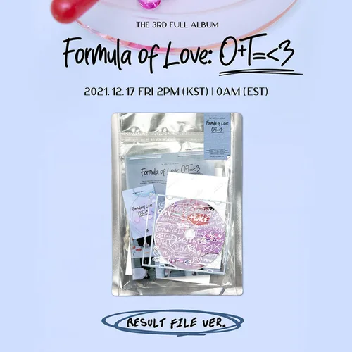 Vista 2 de TWICE - 3rd Full Album Formula of Love: O+T= < 3 Result file ver. Cover + Photobook R + Photocard + Twind Photo + Folded Poster + 2 Pin Button