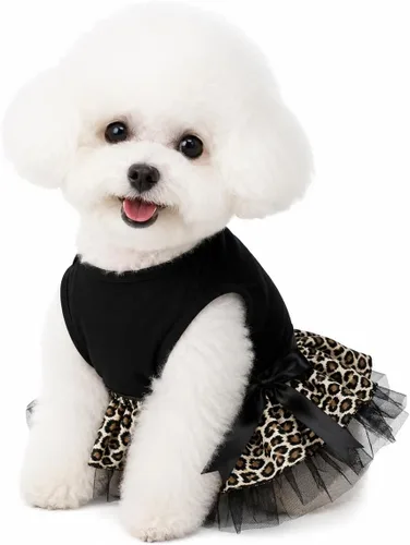 Vista 11 de Petitebella Vestido para perro cachorro con tema de leopardo liso (leopardo negro/beige, talla XS)