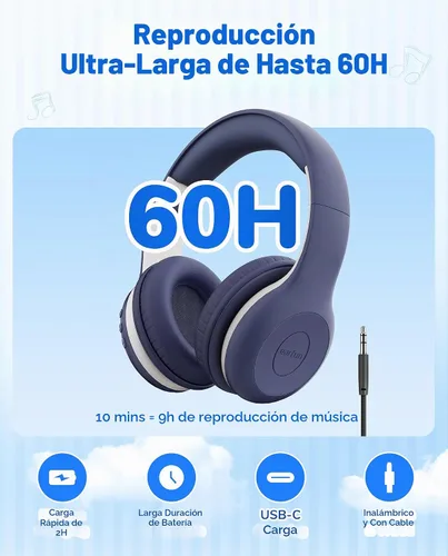 Vista 6 de EarFun K2 - Auriculares Bluetooth para niños, con volumen limitado, tiempo de reproducción de 40 horas, micrófono integrado, sonido estéreo