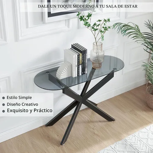 Vista 5 de Moderna mesa consola ovalada de vidrio, mesa de sofá estrecha para entrada, entrada, sala de estar, vestíbulo, pasillo, oficina, 45 pulgadas de Negro