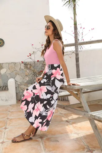 Vista 4 de BLUETIME - Vestido largo de verano, sin mangas, con estampado floral, estilo bohemio, para mujer (S-3XL)