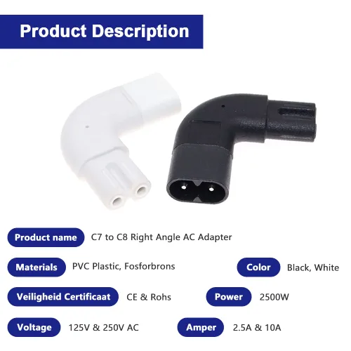 Vista 2 de Adaptador de CA de ángulo recto IEC320 C7 a C8, 90 grados C7 hembra a C8 macho 2 pines figura 8 convertidor de enchufe de alimentación de CA, negro