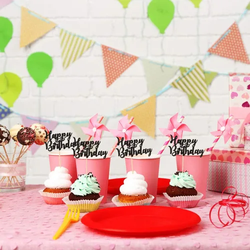 Vista 4 de 48 piezas de decoración para cupcakes de feliz cumpleaños, color negro, con purpurina, suministros de decoración de fiesta de cumpleaños