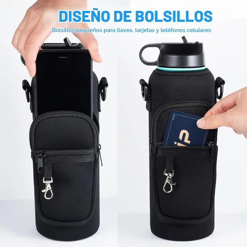 Vista 4 de RRegeny Soporte para botella de agua con correa para Hydroflask de 32 oz 40 onzas, bolsa de transporte con bolsillo para teléfono, funda para Negro