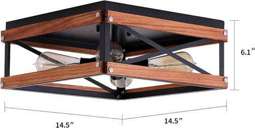 Vista 4 de Lámpara de techo rústica de 4 luces, de metal y madera, cuadrada, para pasillo, dormitorio, cocina, entrada, sala de estar, color negro