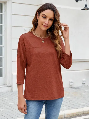 Vista 67 de ZENNILO Camisetas casuales de manga 3/4 para mujer, holgadas, cuello redondo, lindas camisetas básicas