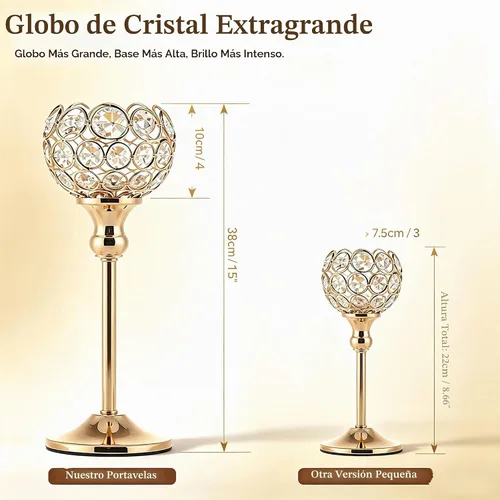 Vista 6 de Juego de 2 portavelas de cristal dorado, globo de cristal de gran