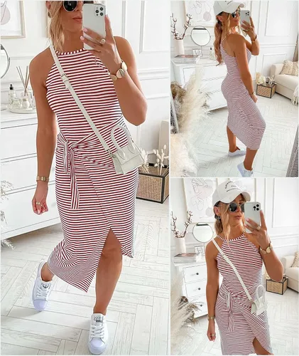 Vista 3 de NOLLSOM Vestidos Midi Tank Casuales Sin Mangas a Rayas para Mujer con Cuello Halter Fruncidos Bodycon con Lazo en la Cintura Vestido de Camiseta