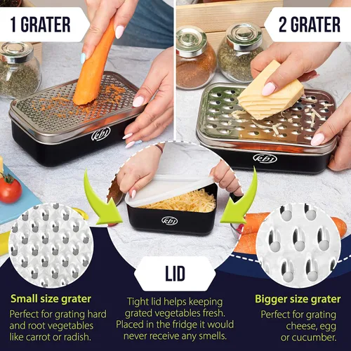 Vista 4 de Rallador de queso con contenedor y tapa y juego de pelador - Juego de utensilios de cocina multifuncional de acero inoxidable para verduras y frutas