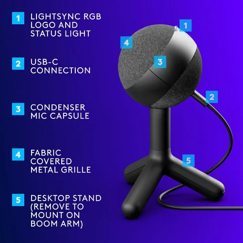 Vista 5 de Micrófono condensador RGB gaming Logitech G Yeti Orb con LIGHTSYNC, micrófono USB para streaming, cardioide para PC/Mac - Negro