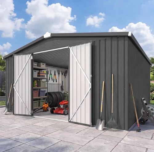 Vista 14 de AECOJOY Cobertizo de almacenamiento de metal para exteriores de 3 x 5 pies, cobertizo de herramientas de jardín resistente con puerta de gran