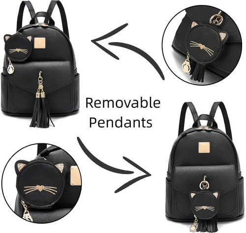 Vista 3 de BESYIGA Mochila pequeña de gatito para niñas, 3 unidades, mochila de cuero para mujeres, bolsa de viaje, mochila para niños, mini mochila