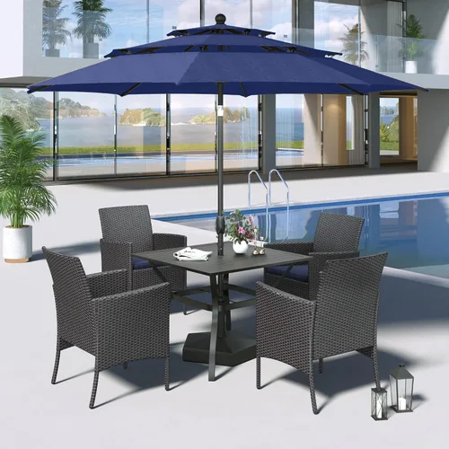 Vista 18 de MFSTUDIO Juego de comedor al aire libre para 4, juegos de comedor de 5 piezas, mesa de patio y sillas para 4 con paraguas, juego de muebles de Beige