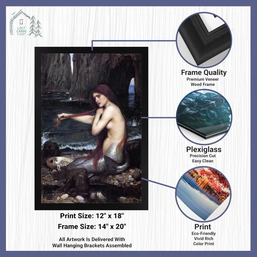 Vista 2 de Lost Cabin A Mermaid 1900 de John William Waterhouse Imprimir marco plano negro Reproducción de pinturas de obras de arte finas Póster