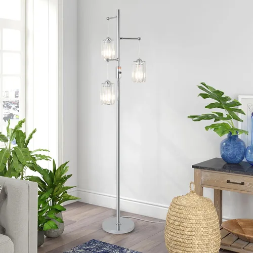 Vista 8 de Lámpara de pie moderna de cristal para sala de estar, lámpara de pie regulable de 3 luces, lámpara de árbol industrial plateada con pantalla