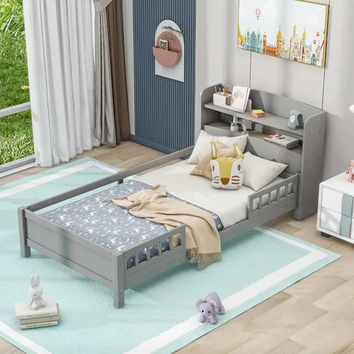 Vista 4 de Harper & Bright Designs Base de cama individual para niños con cabecera de almacenamiento y barandilla, marco de cama de plataforma individual