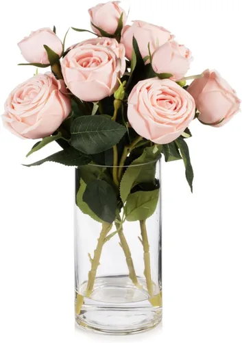 Vista 11 de ENOVA FLORAL 9 cabezas de rosas artificiales de seda en jarrón, arreglo de rosas sintéticas en jarrón con agua sintética para centros de mesa Champán
