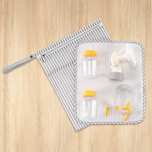 Vista 3 de Bolsa húmeda y seca BABEYER para almacenamiento de piezas de extractor de leche, bolsa impermeable para piezas de bomba con alfombrilla para mamás