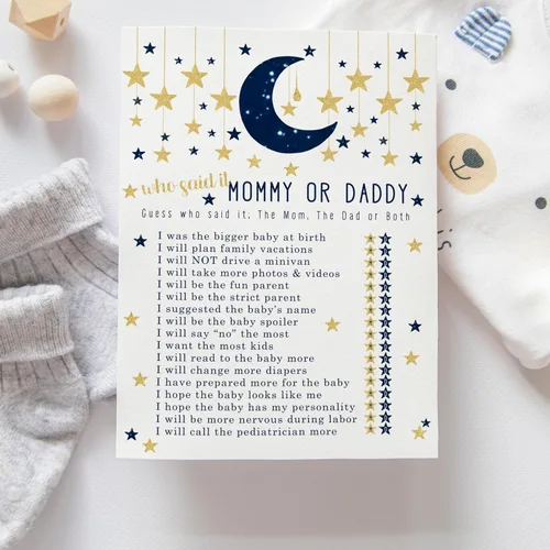 Vista 6 de Paper Clever Party Twinkle Little Star - Juegos de baby shower para niños, 25 tarjetas de juego de Adivina quién mamá o papá, divertidas actividades