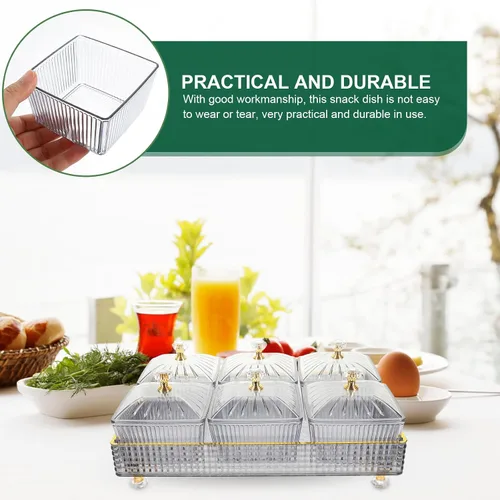 Vista 7 de Ipetboom Bandeja de frutas secas con tapa, 6 compartimentos para servir nueces y dulces, bandeja de aperitivos, caja de almacenamiento de alimentos