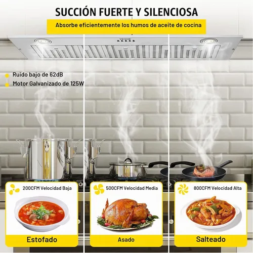 Vista 3 de VEVOR Campana de Ventilación Integrada, 800CFM 3-Velocidades, Campana de Cocina de Acero Inoxidable de 36 Pulgadas con Control de Botón de Impulso