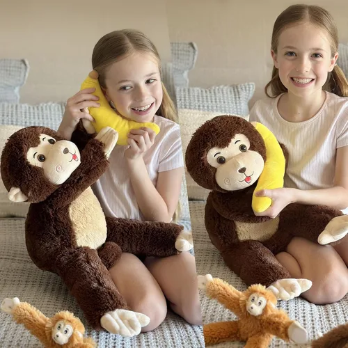 Vista 5 de MaoGoLan Mono gigante de peluche con bebés, juguete de peluche suave con plátano regalo para niños, niñas, niños, mamá y 3 bebés pequeños colgantes
