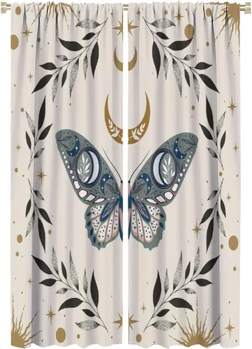 Vista 11 de Cortinas de mariposa de fantasía, polilla, sol, luna, estrella, arte floral, estampado floral, bolsillo para barra, cortinas opacas para ventana