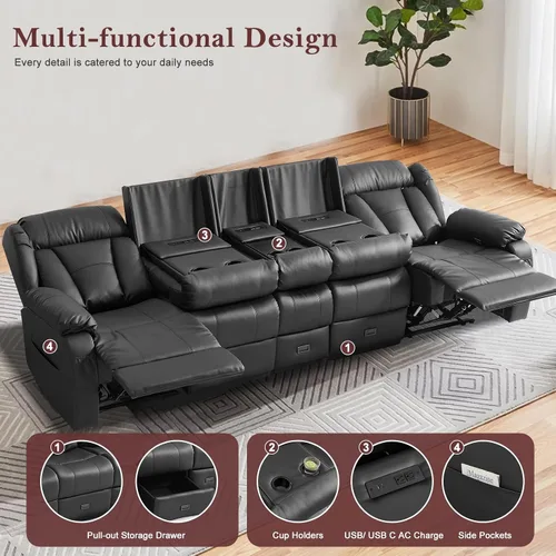 Vista 6 de Sofá biplaza reclinable manual de 110 pulgadas, sillón reclinable de 4 asientos con consola, mesa plegable y salidas integradas, sofá reclinable