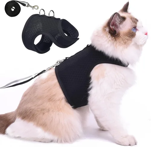 Vista 25 de Arnés de gato con correa, ajustable para gatos, chaleco acolchado para gatos, Black Plaid