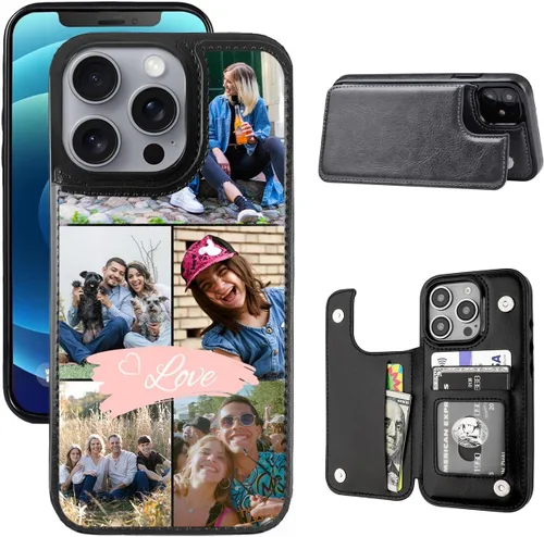Vista 8 de Funda tipo cartera personalizada para iPhone 16/15/11/12/13/XR/X/XS SE Pro Max Mini con soporte para tarjetas, texto de imagen personalizada, a