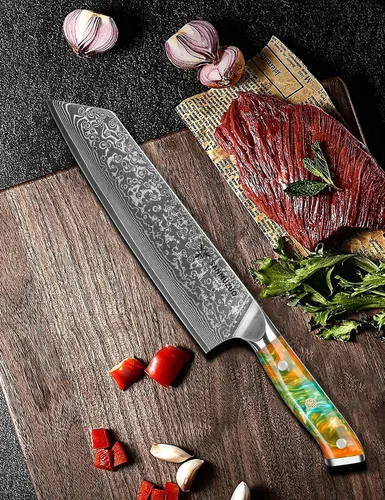 Vista 5 de Kiritsuke - Cuchillo de chef de cocina de 8.5 pulgadas, mango de acero de Damasco y resina de 67 capas, serie Xuan (naranja fantasía)