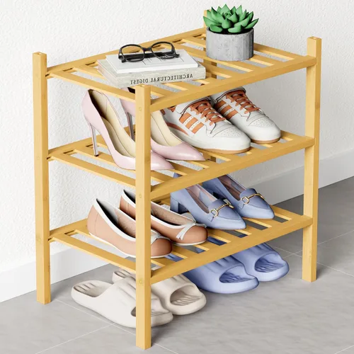 Vista 66 de Smiry Zapatero de bambú para armario, organizador de zapatos de madera de 3 niveles, estante apilable de almacenamiento de zapatos de madera