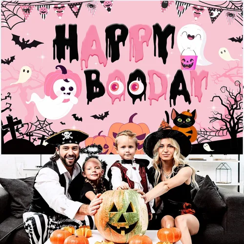 Vista 5 de Decoraciones de fiesta de feliz boo, decoraciones de fiesta de cumpleaños de Halloween rosa y negro, pancarta de fondo de feliz día de abucheo