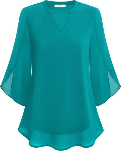 Vista 2 de Bebonnie Blusas de gasa de doble capa con cuello en V Henley con volantes y mangas 34 para mujer