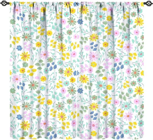 Vista 14 de Cortinas de cocina con hojas de acuarela, diseño de girasol, floral, plantas campestres, primavera, naturaleza, arte, impreso, tela para el hogar