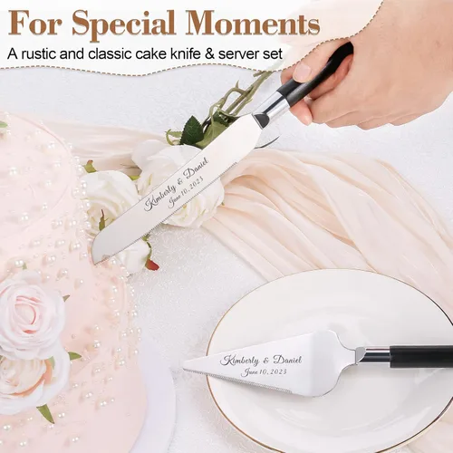 Vista 2 de Juego de corte de pasteles personalizado para bodas, cuchillos de pastel y servidor, grabado gratis, cortador de pastel de postre de madera Plateado