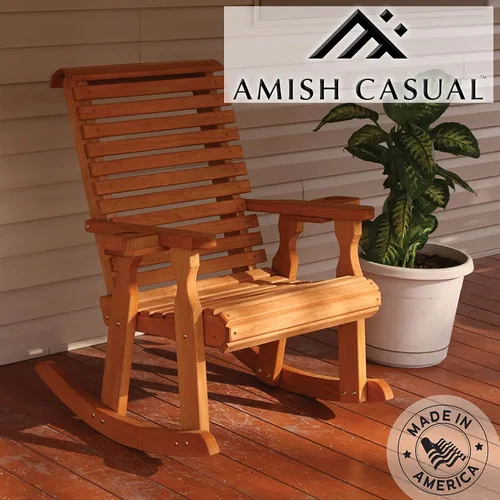 Vista 2 de Amish - Mecedora resistente con tratamiento a presión de 600 libras con soporte para portavasos (mancha de cedro)