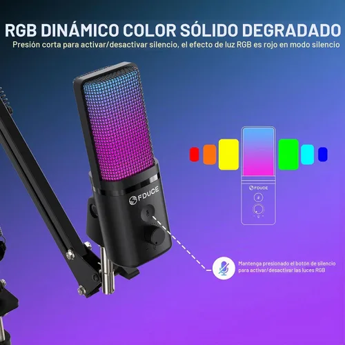 Vista 4 de FDUCE Micrófono USB para juegos RGB, micrófono condensador con silencio, ganancia, monitoreo, brazo de boom para transmisión, podcast, Twitch