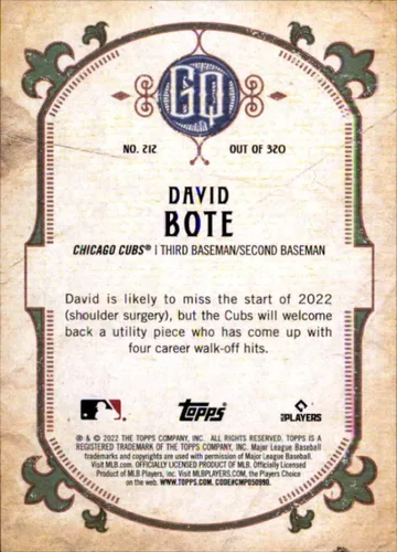 Vista 2 de 2022 Topps Gypsy Queen #212 David Bote Chicago Cubs Baseball Card