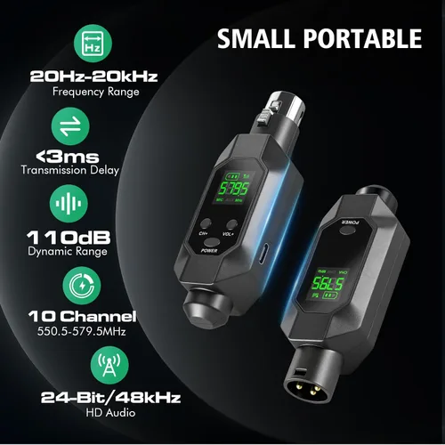 Vista 4 de Transmisor y receptor inalámbrico XLR adaptador de micrófono inalámbrico UHF para rango de 164 pies 8 horas Batería adaptador de micrófono