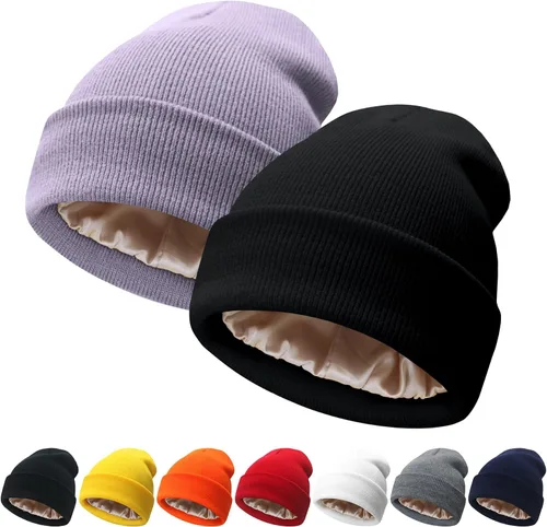 Vista 28 de NPQQUAN 2 PCS Satin Lined Beanie for Women Silk Lined Beanies Winter Warm Soft Lining Cuffed Knit Beanie Hats for Women