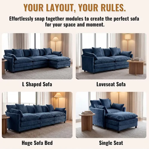 Vista 8 de Juego de sofá modular de 107 pulgadas con otomana, sofá convertible en forma de L, sofá de asiento profundo de felpilla de 3 plazas con almohadas