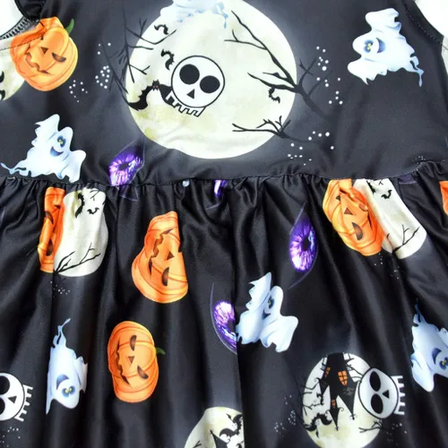 Vista 4 de Mini vestido de Halloween para niñas pequeñas, con volantes y manga corta, estampado de calabaza, acampanado, mini vestido de falda para otoño