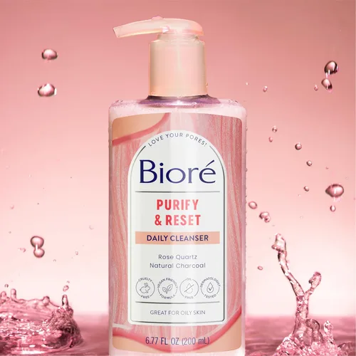 Vista 10 de Limpiador diario purificante Bioré Cuarzo Rosa + Carbón, limpiador facial libre de aceite energiza la piel, dermatológicamente probado y sin