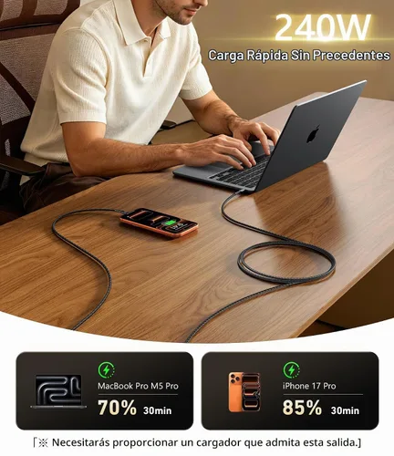 Vista 2 de Cable USB C a USB C de 240 W de carga rápida de 6 pies, cable USBC a C Negro